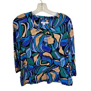 Chicos Womens Shirt Abstract Print 3/4 Sleeve Top Blue Green Size 0 US Medium